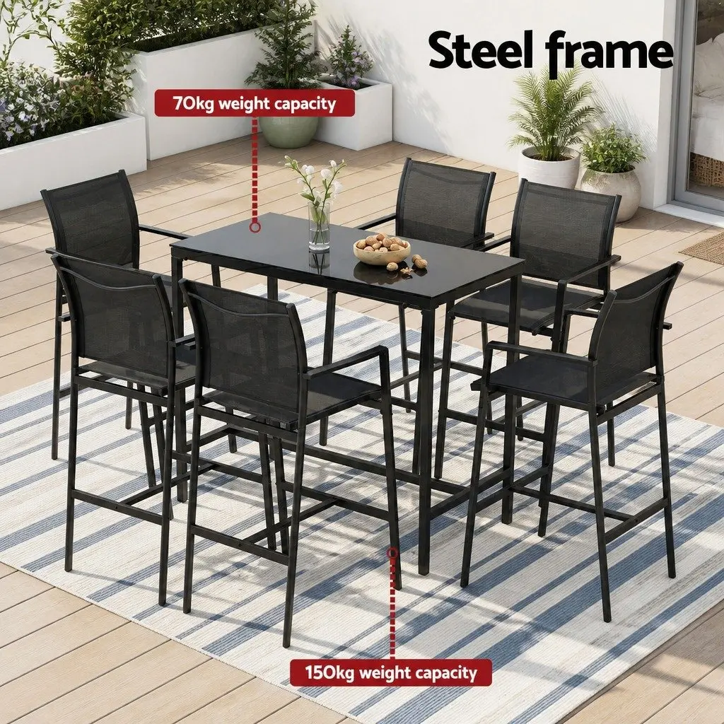 7 Piece Black Outdoor Bar Stools Dining Set with Table High-Back Stools Steel Glass