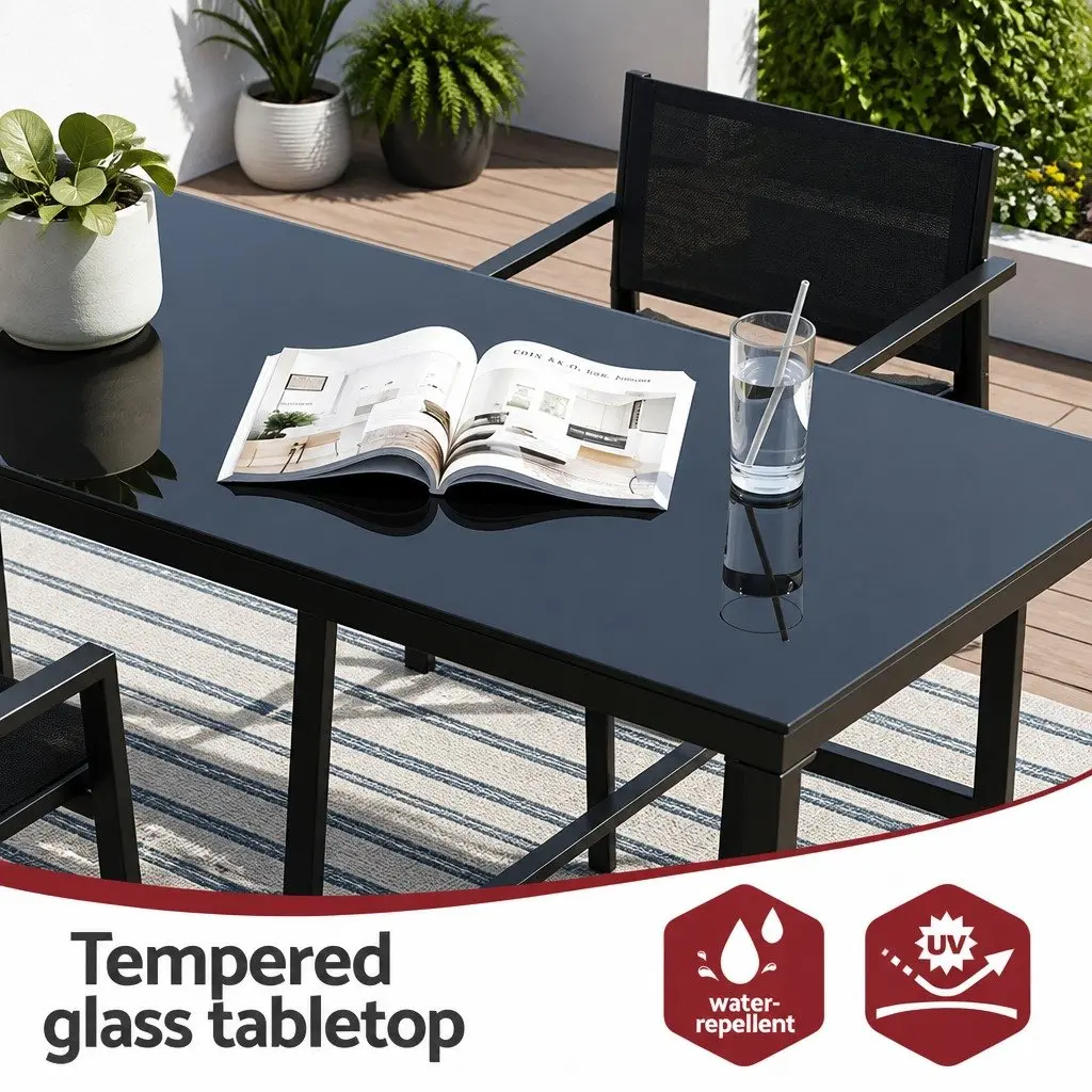 7 Piece Black Outdoor Bar Stools Dining Set with Table High-Back Stools Steel Glass
