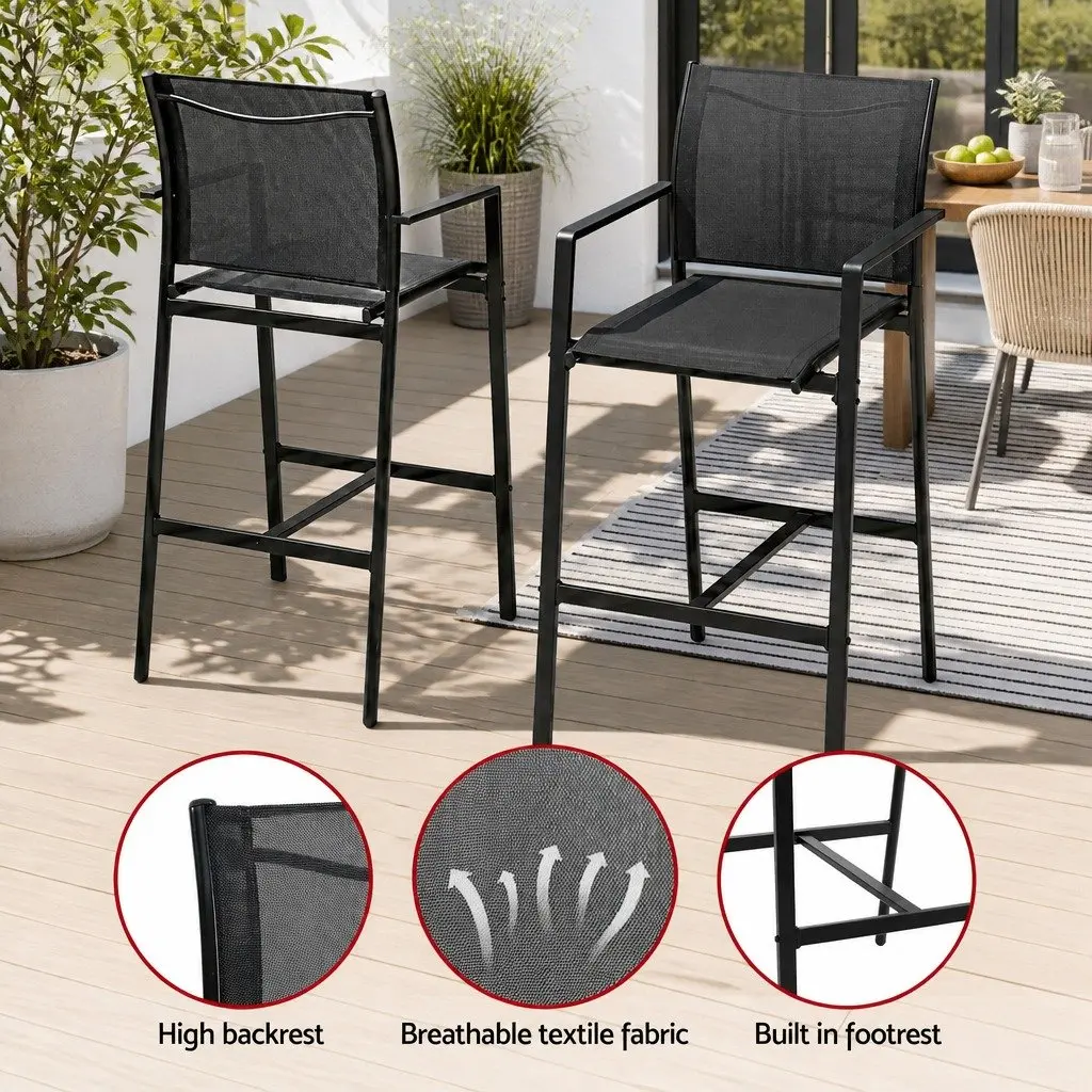 7 Piece Black Outdoor Bar Stools Dining Set with Table High-Back Stools Steel Glass