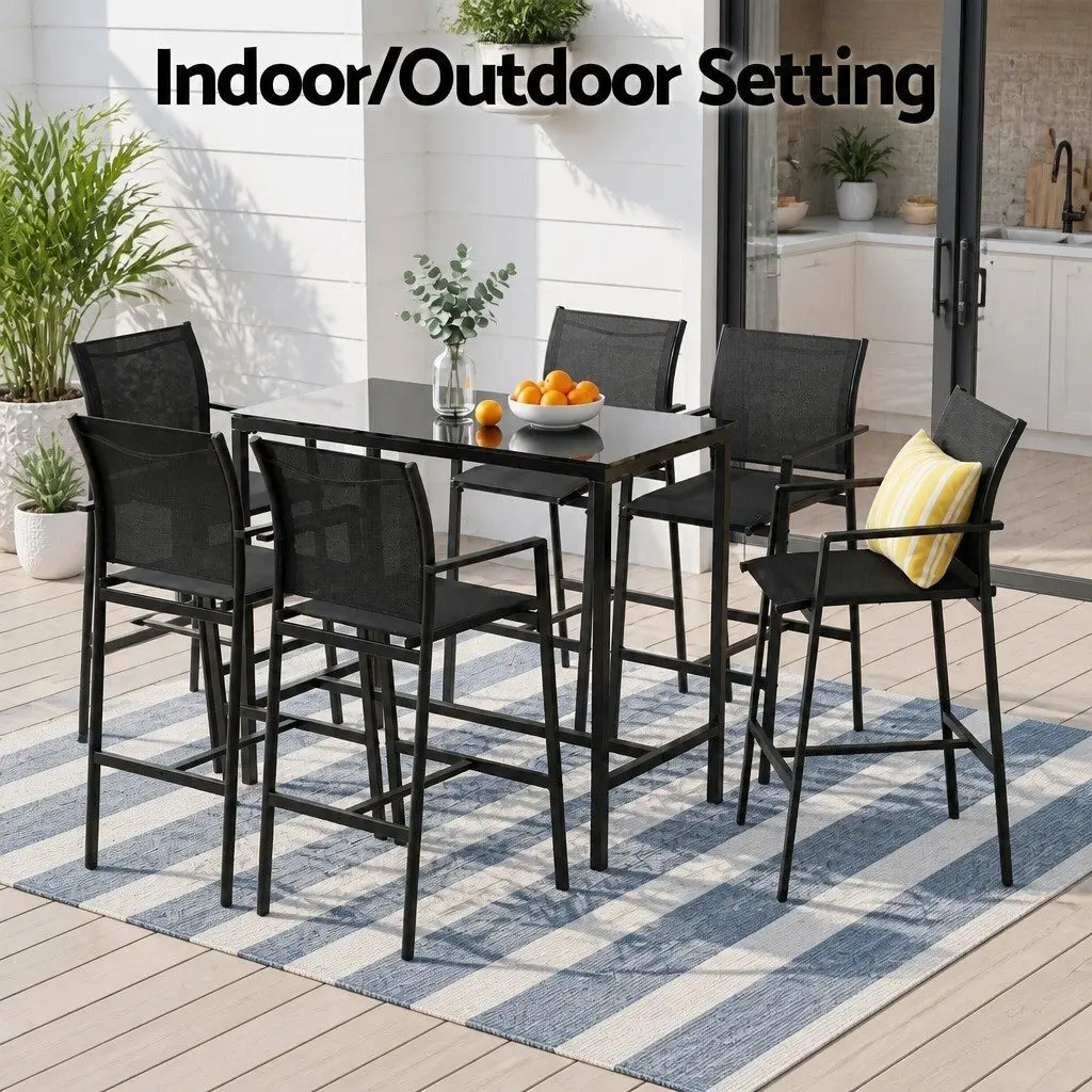 7 Piece Black Outdoor Bar Stools Dining Set with Table High-Back Stools Steel Glass