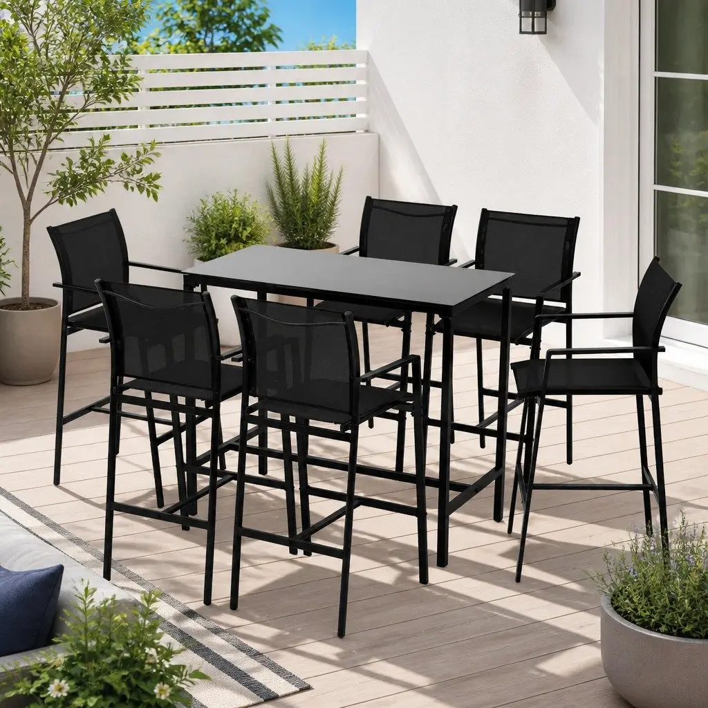7 Piece Black Outdoor Bar Stools Dining Set with Table High-Back Stools Steel Glass