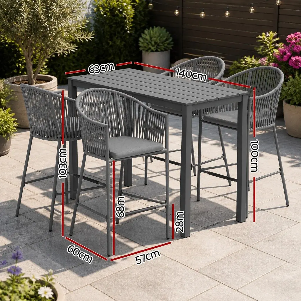 Outdoor Bar Set Grey 5-Piece Dining Patio Furniture Rope Chair Table with Cushions