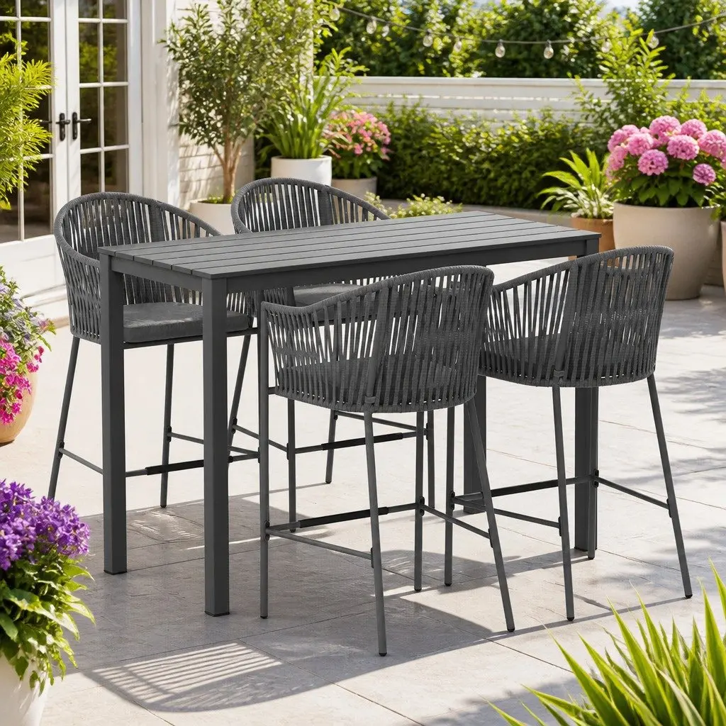 Outdoor Bar Set Grey 5-Piece Dining Patio Furniture Rope Chair Table with Cushions
