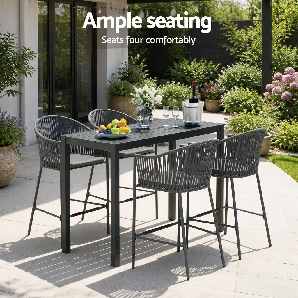 Outdoor Bar Set Grey 5-Piece Dining Patio Furniture Rope Chair Table with Cushions