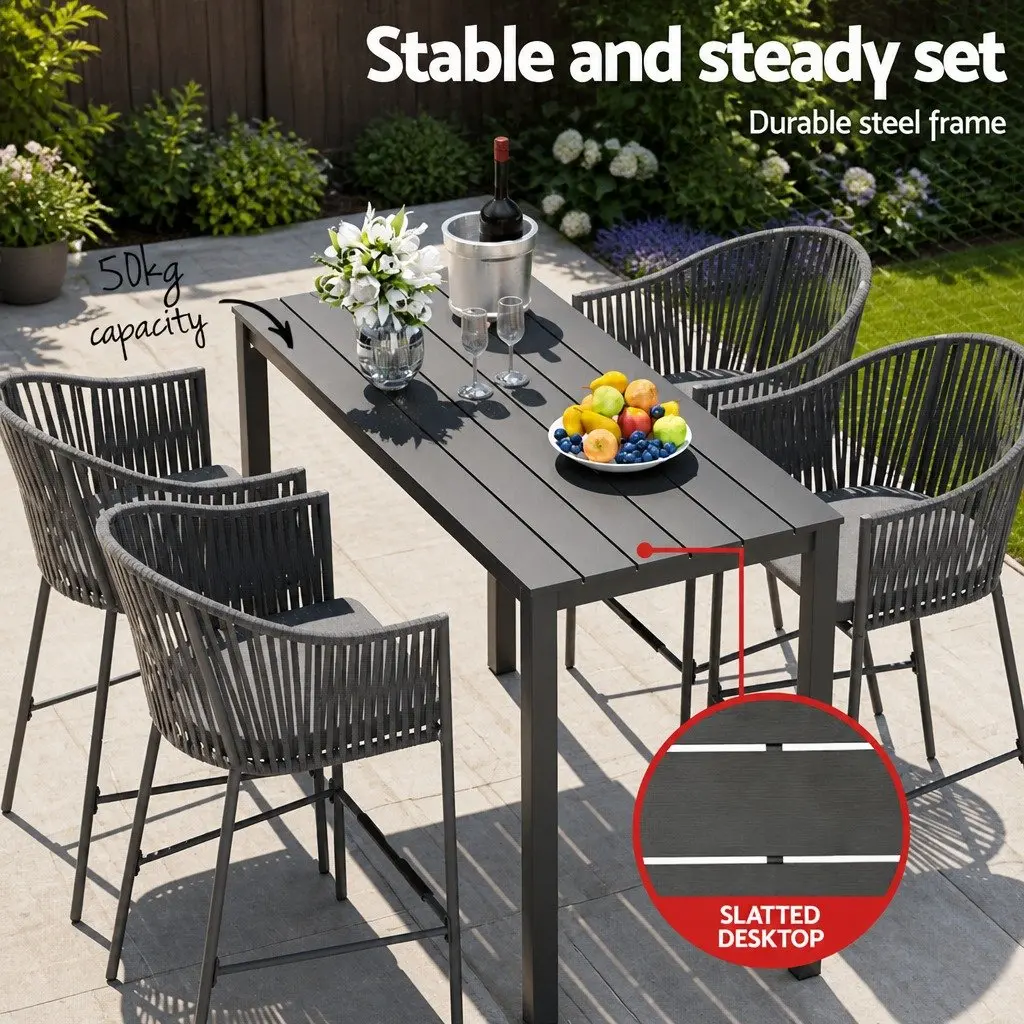 Outdoor Bar Set Grey 5-Piece Dining Patio Furniture Rope Chair Table with Cushions