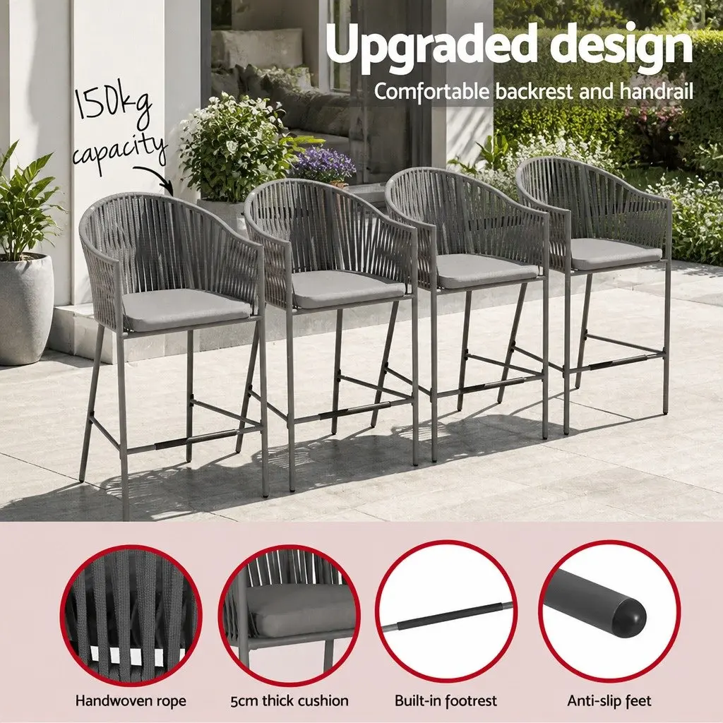 Outdoor Bar Set Grey 5-Piece Dining Patio Furniture Rope Chair Table with Cushions
