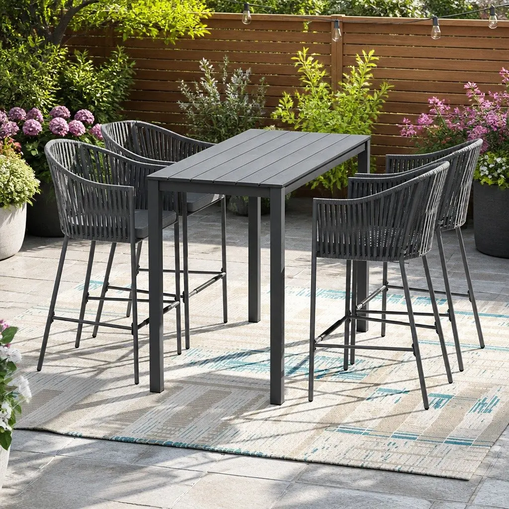 Outdoor Bar Set Grey 5-Piece Dining Patio Furniture Rope Chair Table with Cushions
