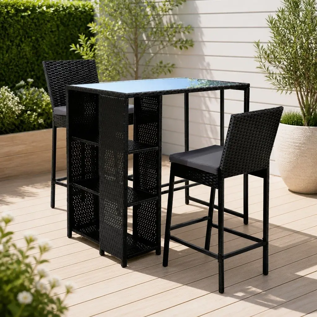 3-Piece Outdoor Bar Set Wicker Patio Dining Chairs Table Stools Black