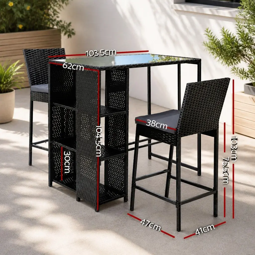 3 Piece Outdoor Bar Set Black Wicker Chairs Table Tempered Glass Top