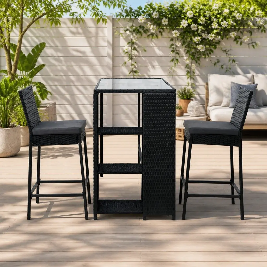 3 Piece Outdoor Bar Set Black Wicker Chairs Table Tempered Glass Top