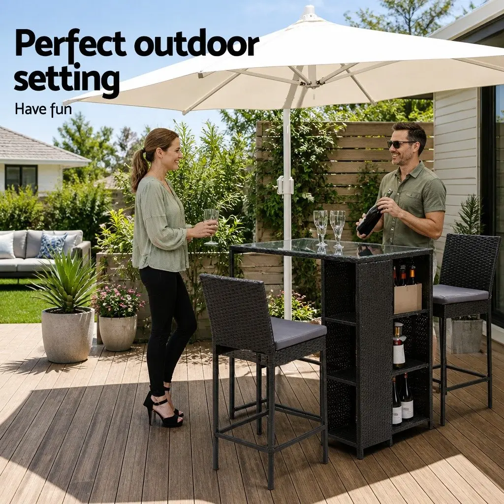 3 Piece Outdoor Bar Set Black Wicker Chairs Table Tempered Glass Top