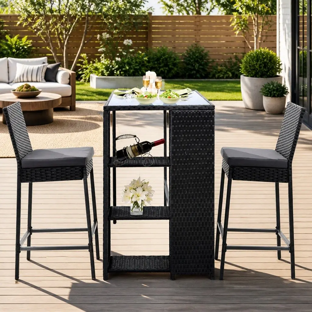 3 Piece Outdoor Bar Set Black Wicker Chairs Table Tempered Glass Top