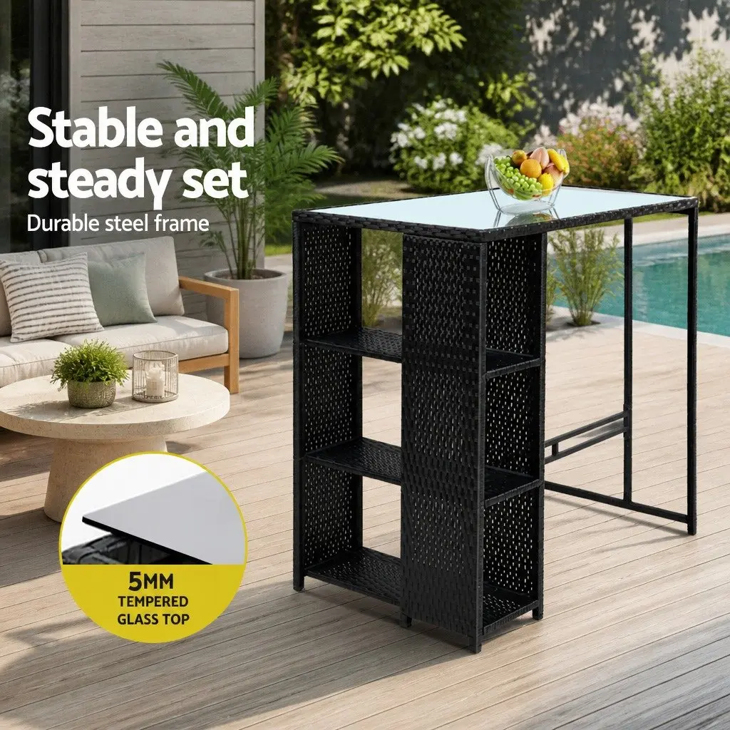 3 Piece Outdoor Bar Set Black Wicker Chairs Table Tempered Glass Top