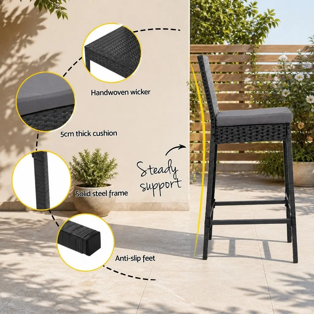 3 Piece Outdoor Bar Set Black Wicker Chairs Table Tempered Glass Top