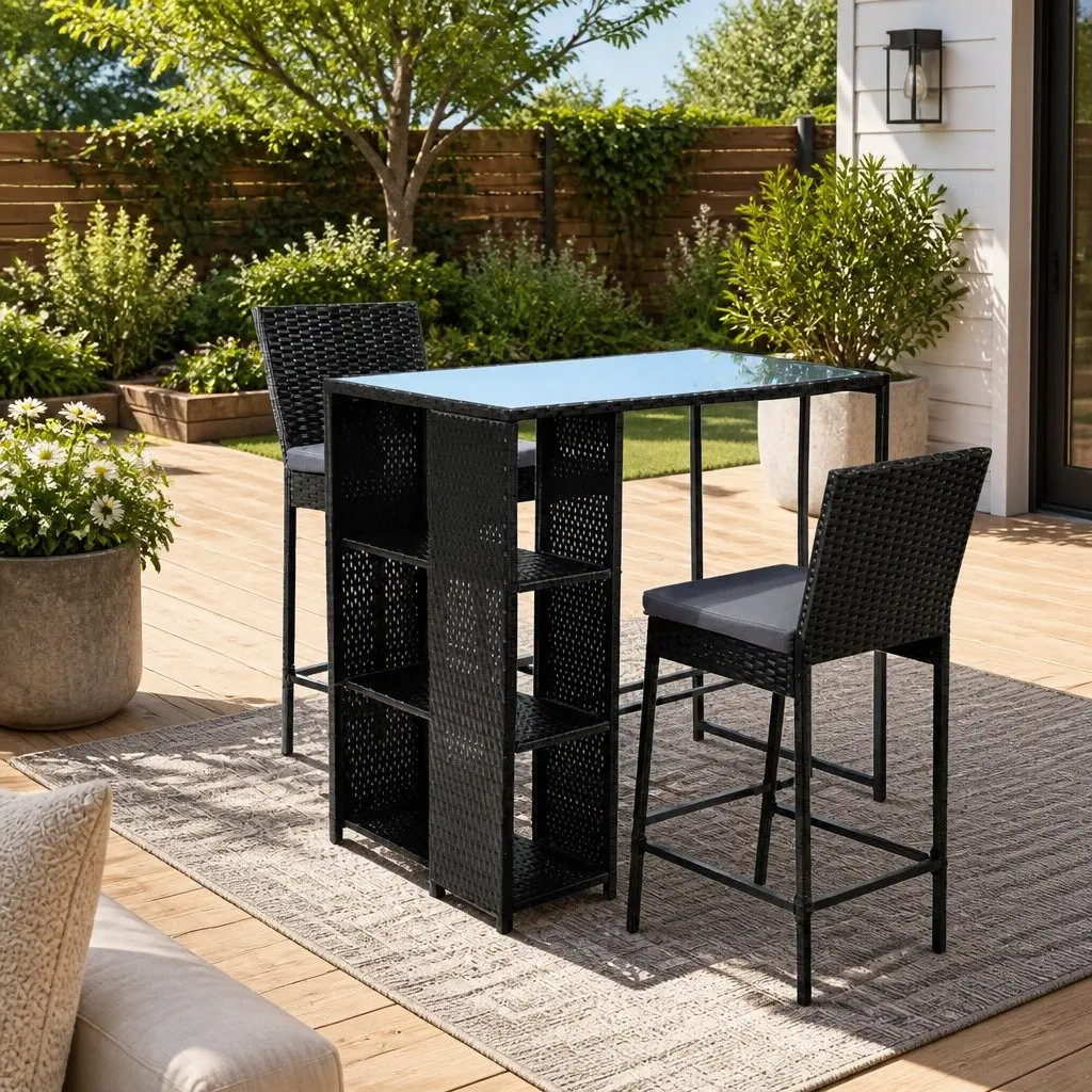 3 Piece Outdoor Bar Set Black Wicker Chairs Table Tempered Glass Top