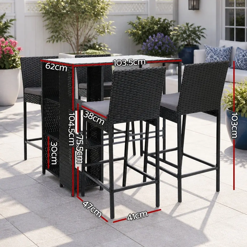 5 Piece Outdoor Bar Set Black Wicker Table Stools Tempered Glass Top