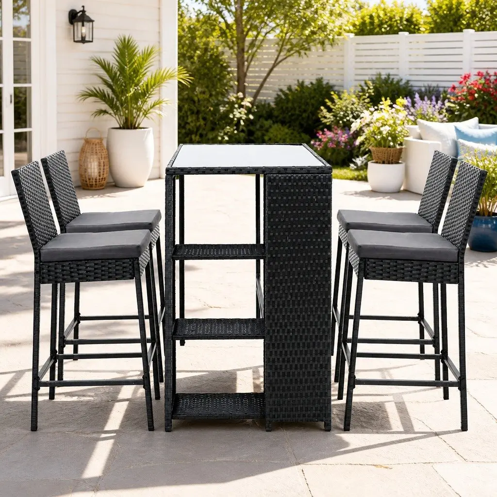 5 Piece Outdoor Bar Set Black Wicker Table Stools Tempered Glass Top