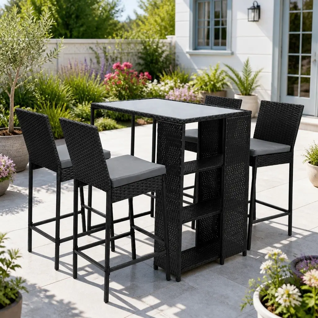 5 Piece Outdoor Bar Set Black Wicker Table Stools Tempered Glass Top