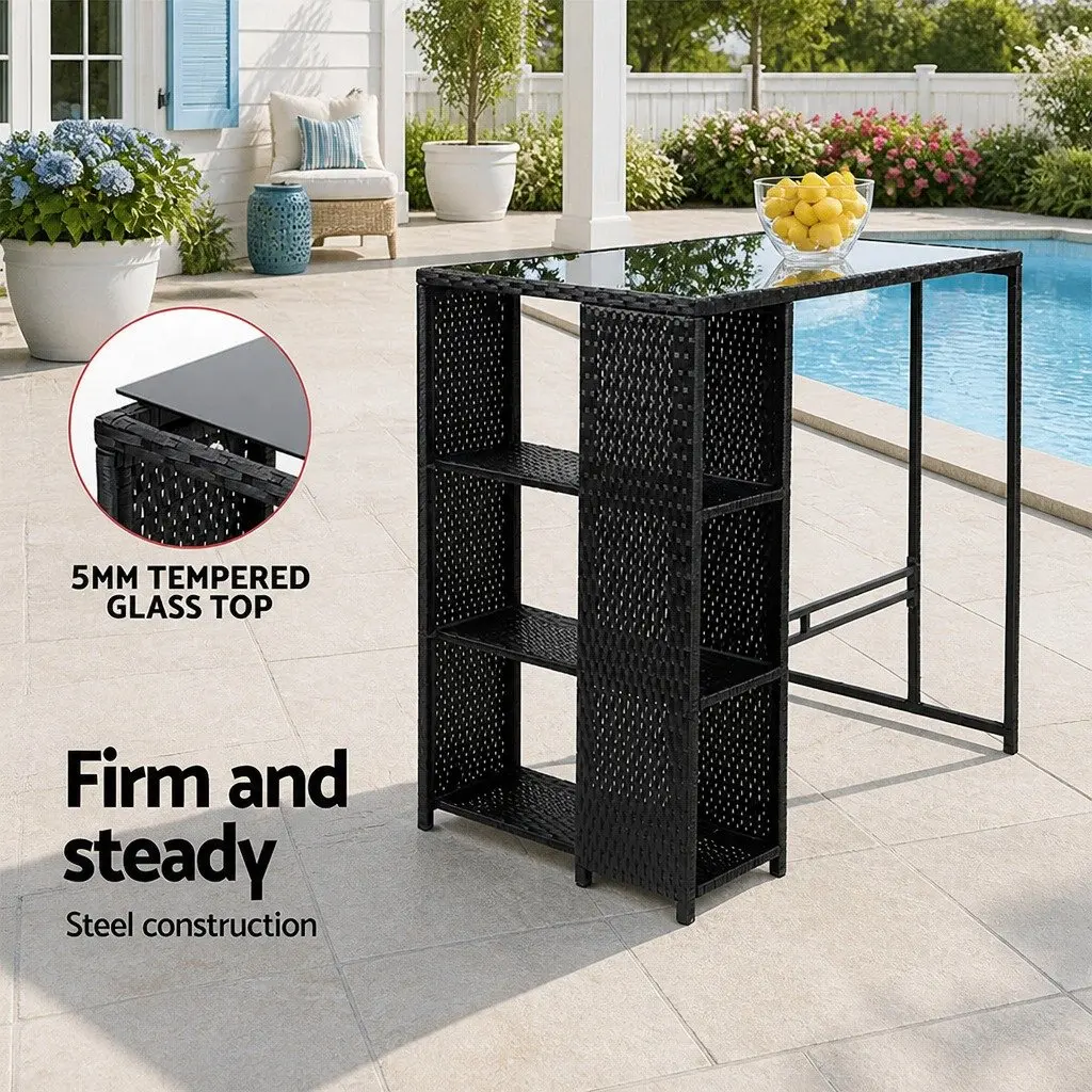 5 Piece Outdoor Bar Set Black Wicker Table Stools Tempered Glass Top