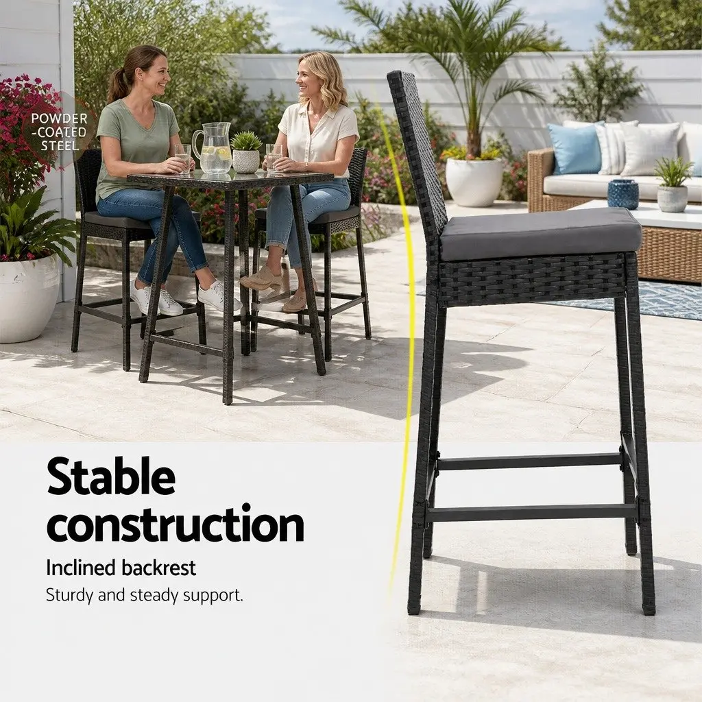5 Piece Outdoor Bar Set Black Wicker Table Stools Tempered Glass Top