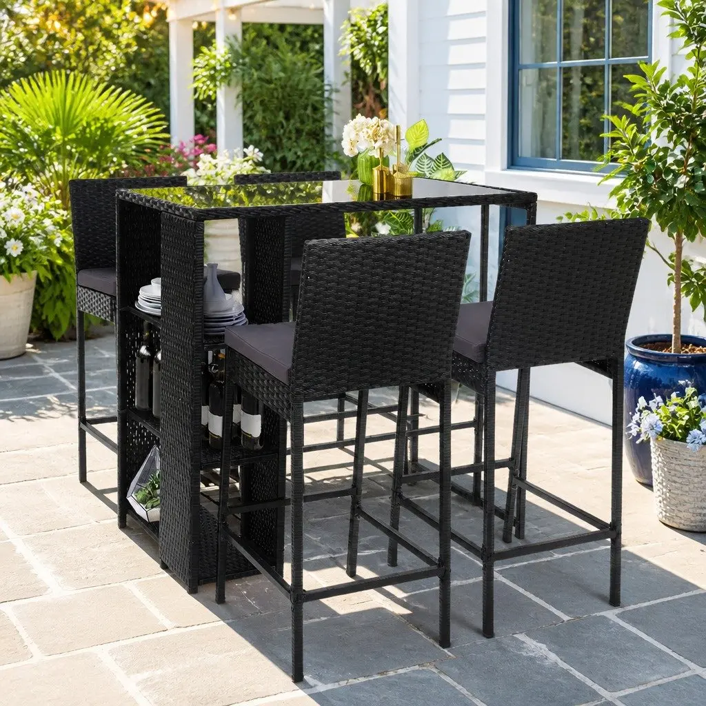 5 Piece Outdoor Bar Set Black Wicker Table Stools Tempered Glass Top