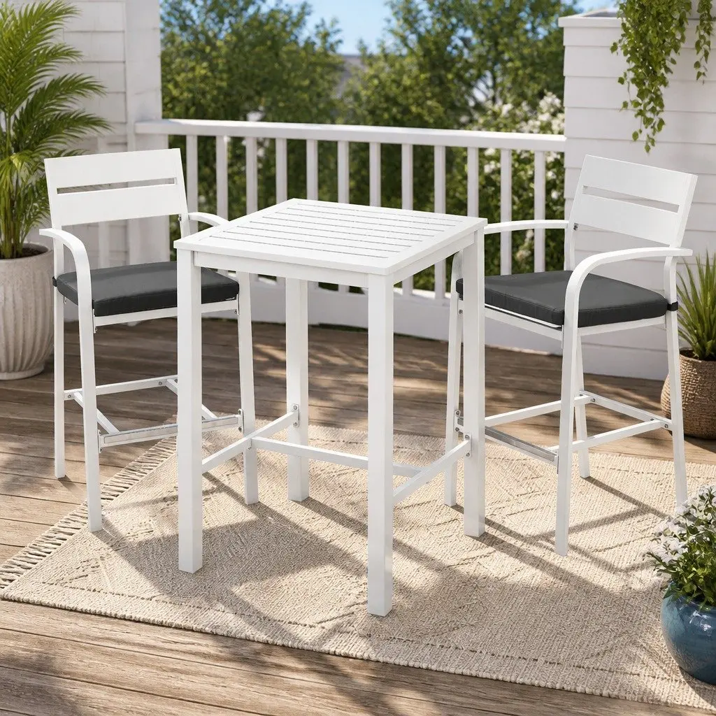 Outdoor Bar Set 3-Piece Dining Chairs Table Patio Bistro Stools White