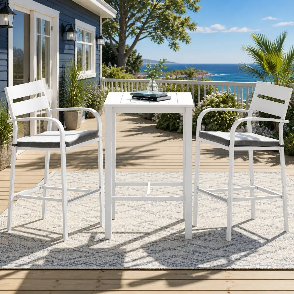 Outdoor Bar Set 3-Piece Dining Chairs Table Patio Bistro Stools White