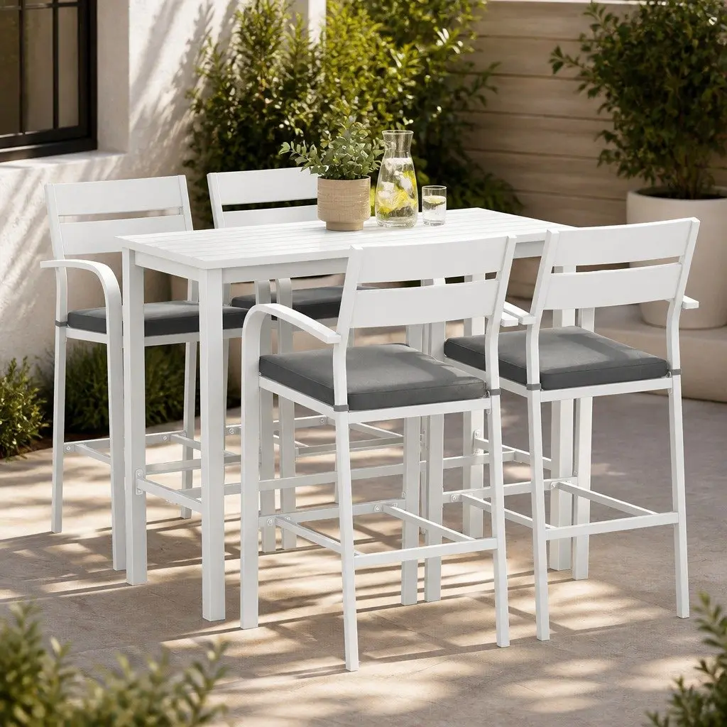 Bar Stools Table Set 5 Piece Outdoor Patio Dining Aluminium White Weather Resistant
