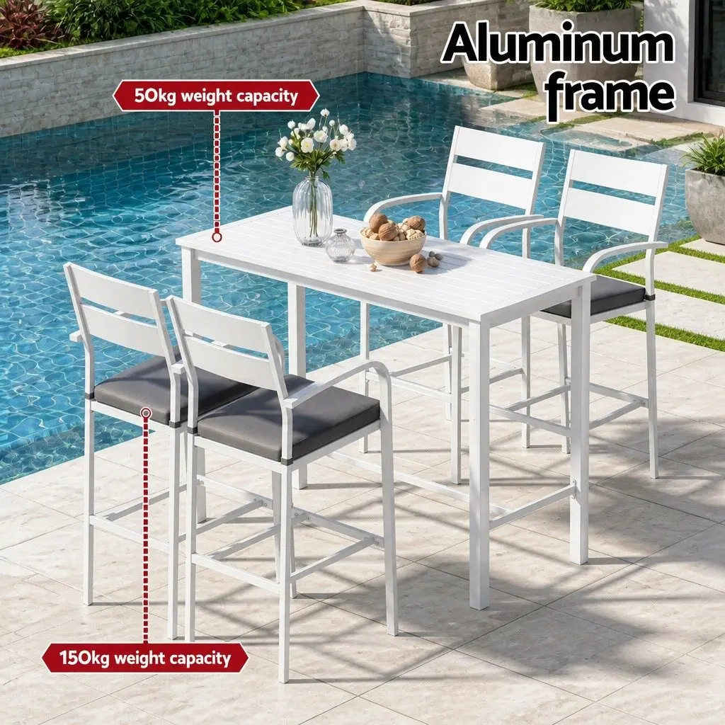 Bar Stools Table Set 5 Piece Outdoor Patio Dining Aluminium White Weather Resistant
