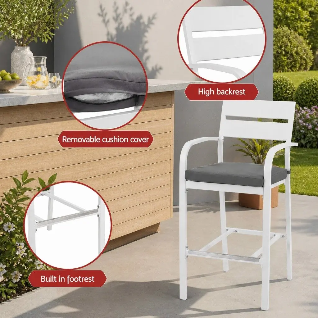 Bar Stools Table Set 5 Piece Outdoor Patio Dining Aluminium White Weather Resistant