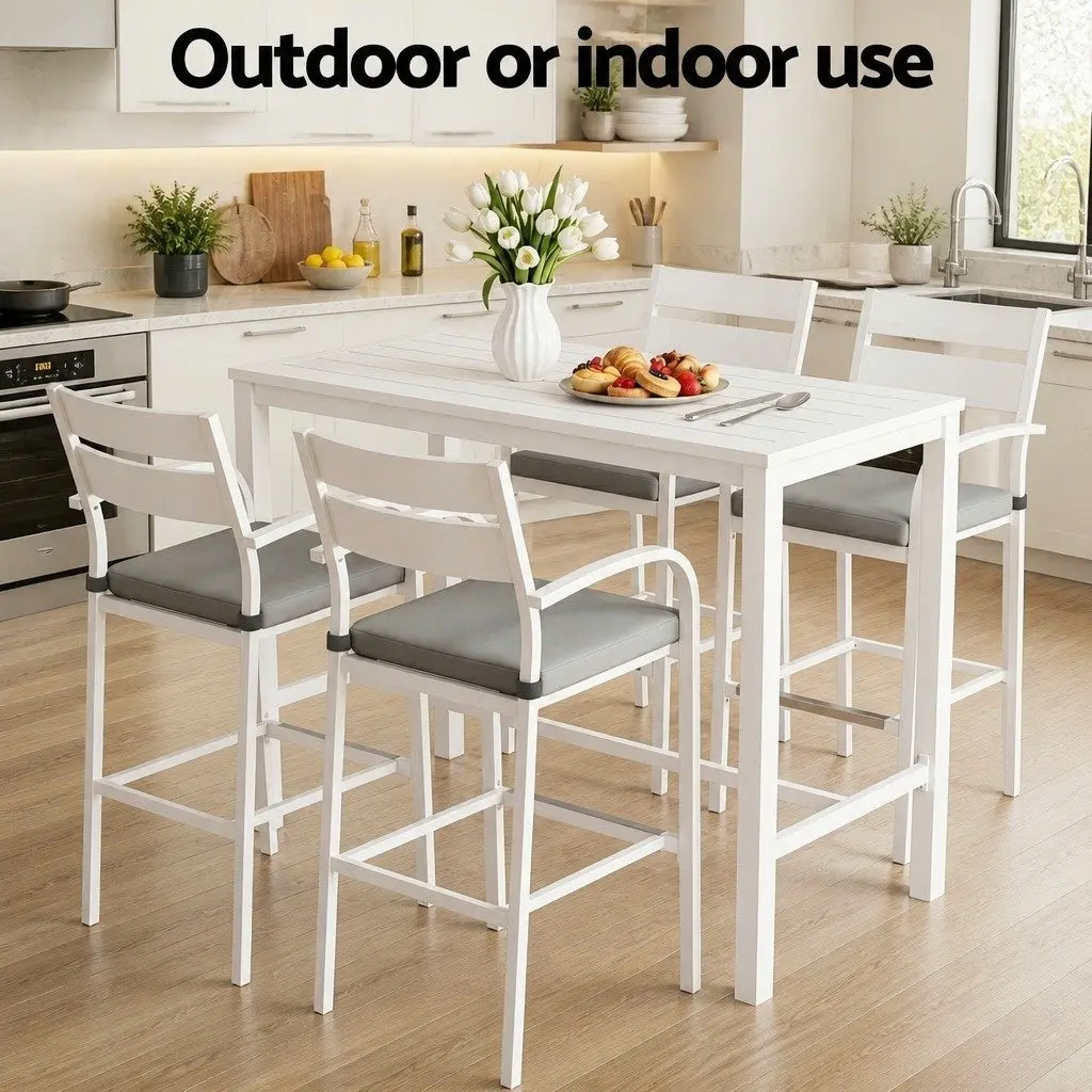 Bar Stools Table Set 5 Piece Outdoor Patio Dining Aluminium White Weather Resistant