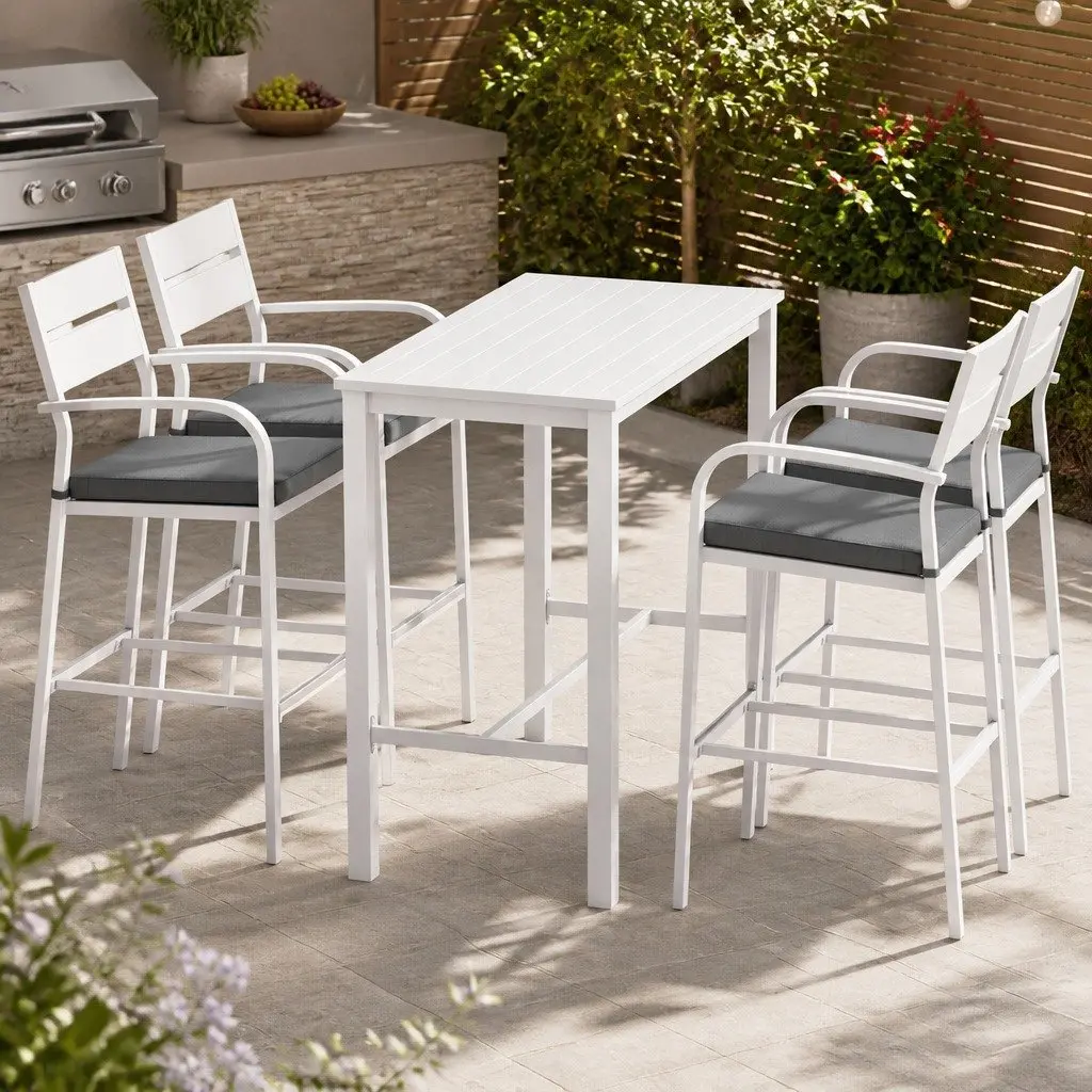 Bar Stools Table Set 5 Piece Outdoor Patio Dining Aluminium White Weather Resistant