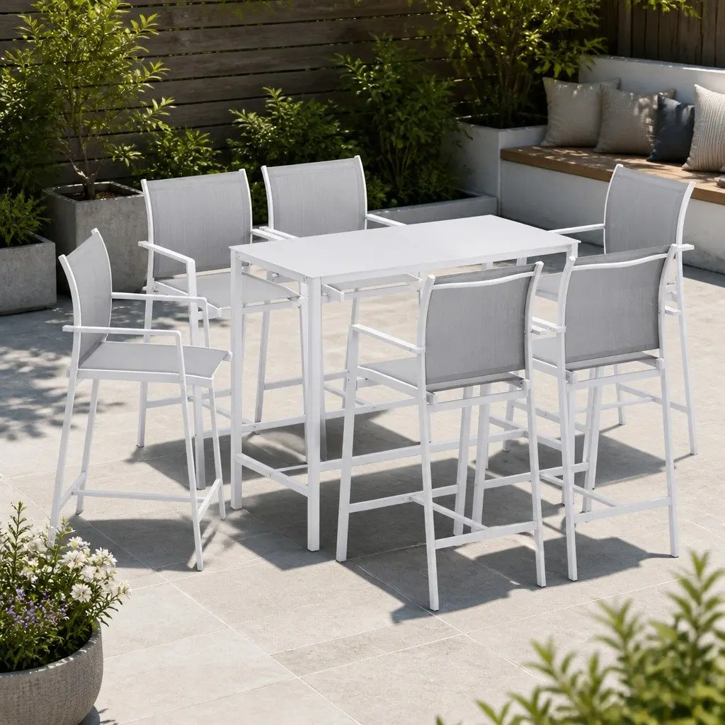 Outdoor Bar Stools Set White 7 Piece Steel Patio Furniture High Back Stools with Breathable Fabric Seats and Tempered Glass Table