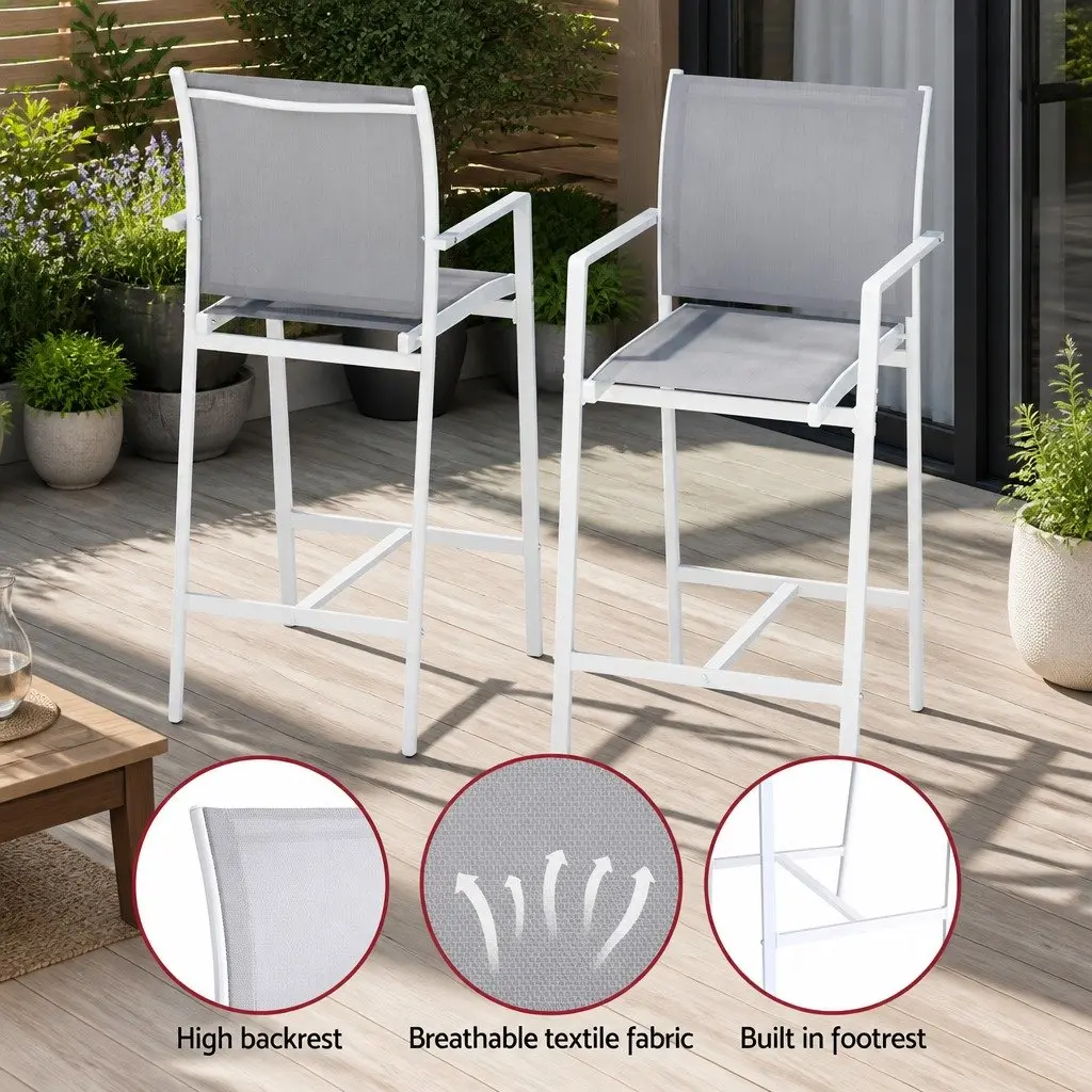 Outdoor Bar Stools Set White 7 Piece Steel Patio Furniture High Back Stools with Breathable Fabric Seats and Tempered Glass Table