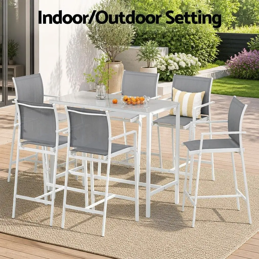Outdoor Bar Stools Set White 7 Piece Steel Patio Furniture High Back Stools with Breathable Fabric Seats and Tempered Glass Table