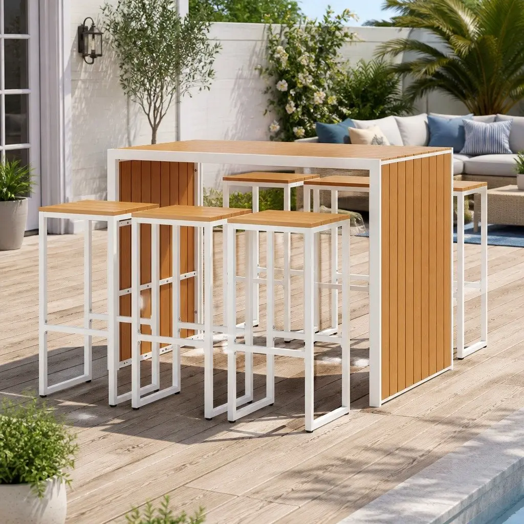 7-Piece Outdoor Bar Set 6 Seater Patio Dining Table Chairs Bistro Garden