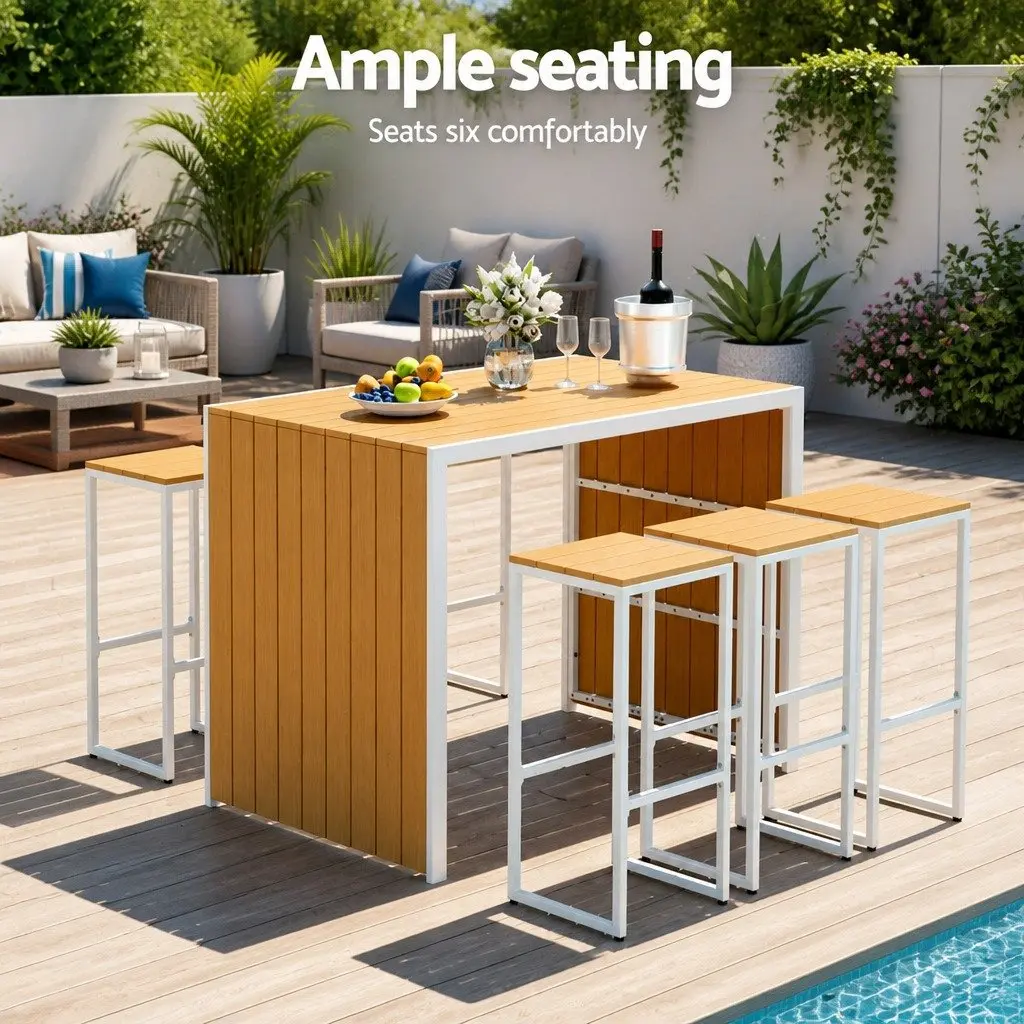 7-Piece Outdoor Bar Set 6 Seater Patio Dining Table Chairs Bistro Garden