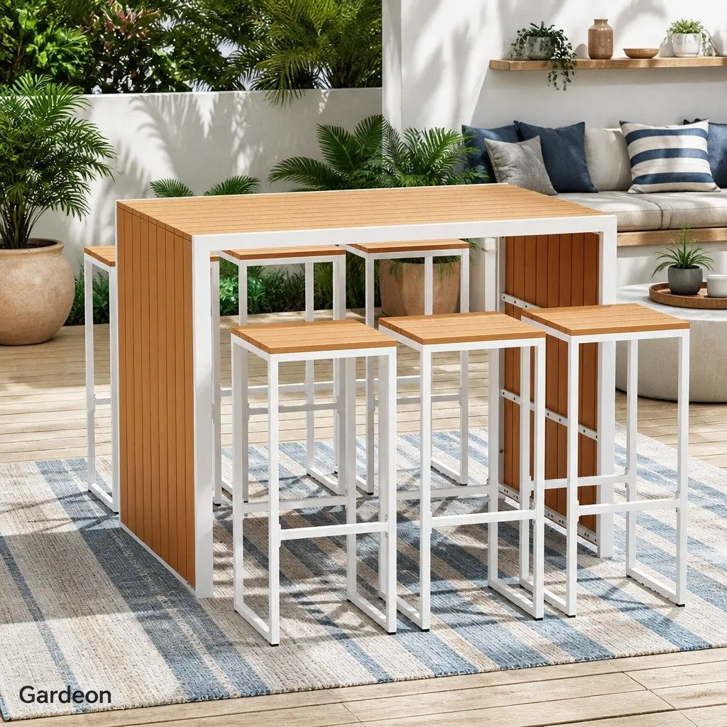 7-Piece Outdoor Bar Set 6 Seater Patio Dining Table Chairs Bistro Garden
