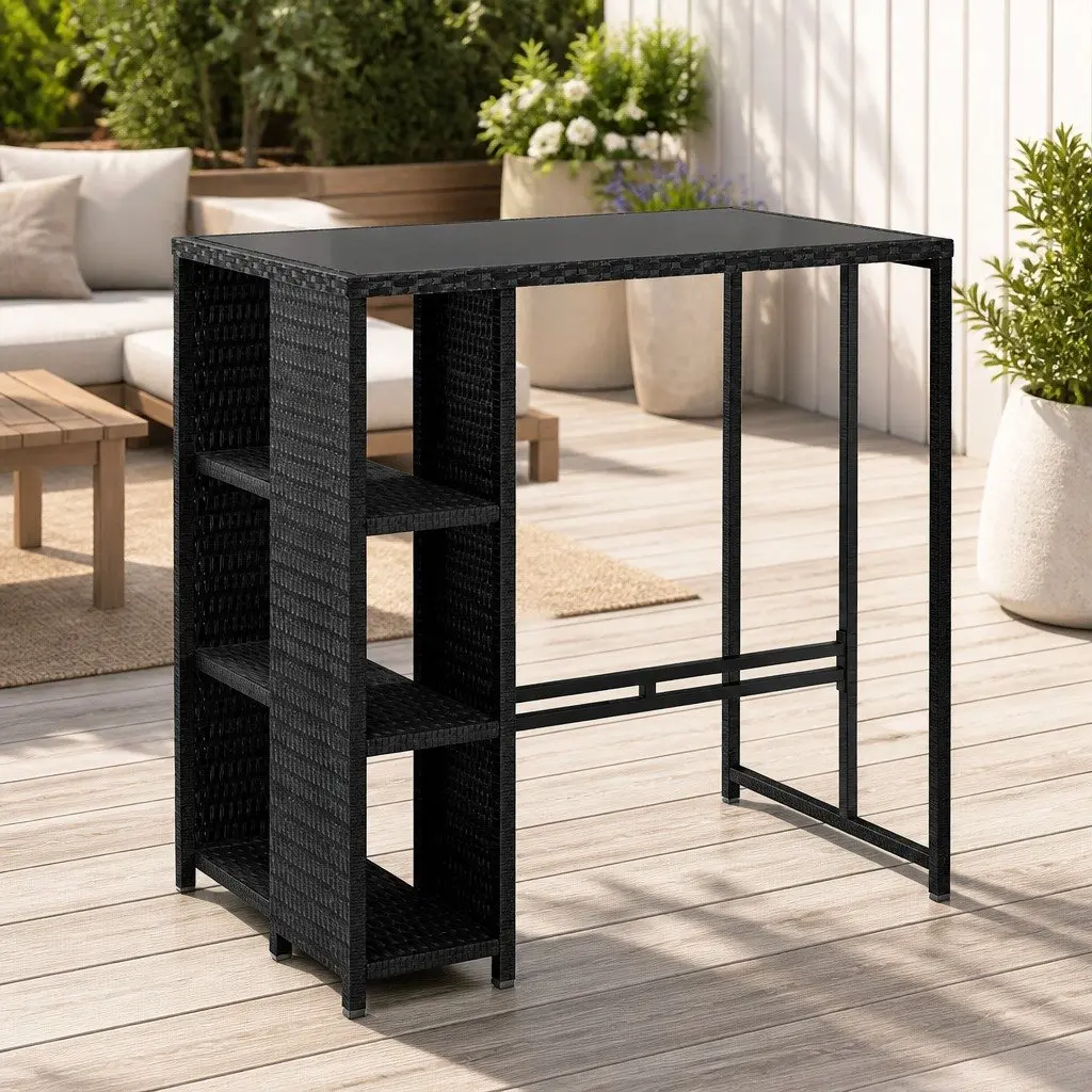 Outdoor Bar Table Wicker Dining Bistro Glass Desk Steel Patio Furniture Black