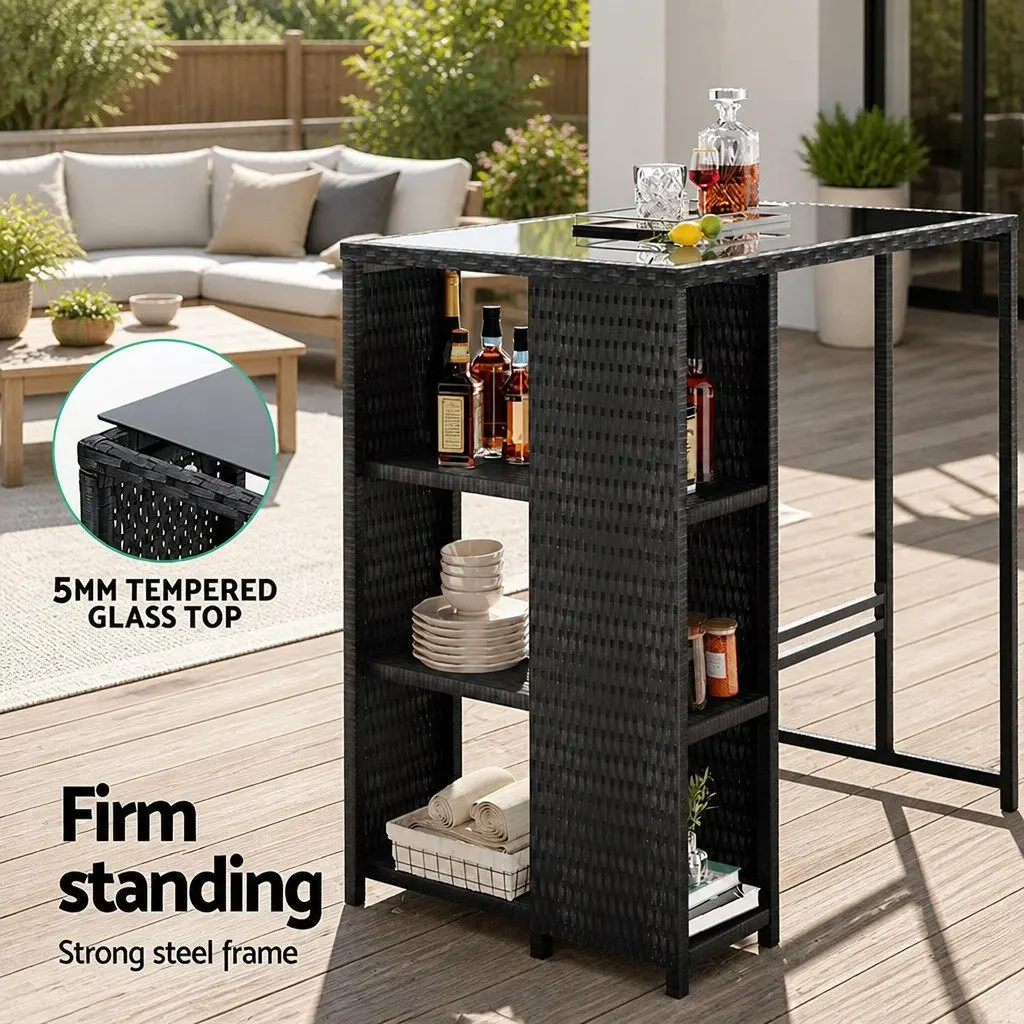 Outdoor Bar Table Wicker Dining Bistro Glass Desk Steel Patio Furniture Black