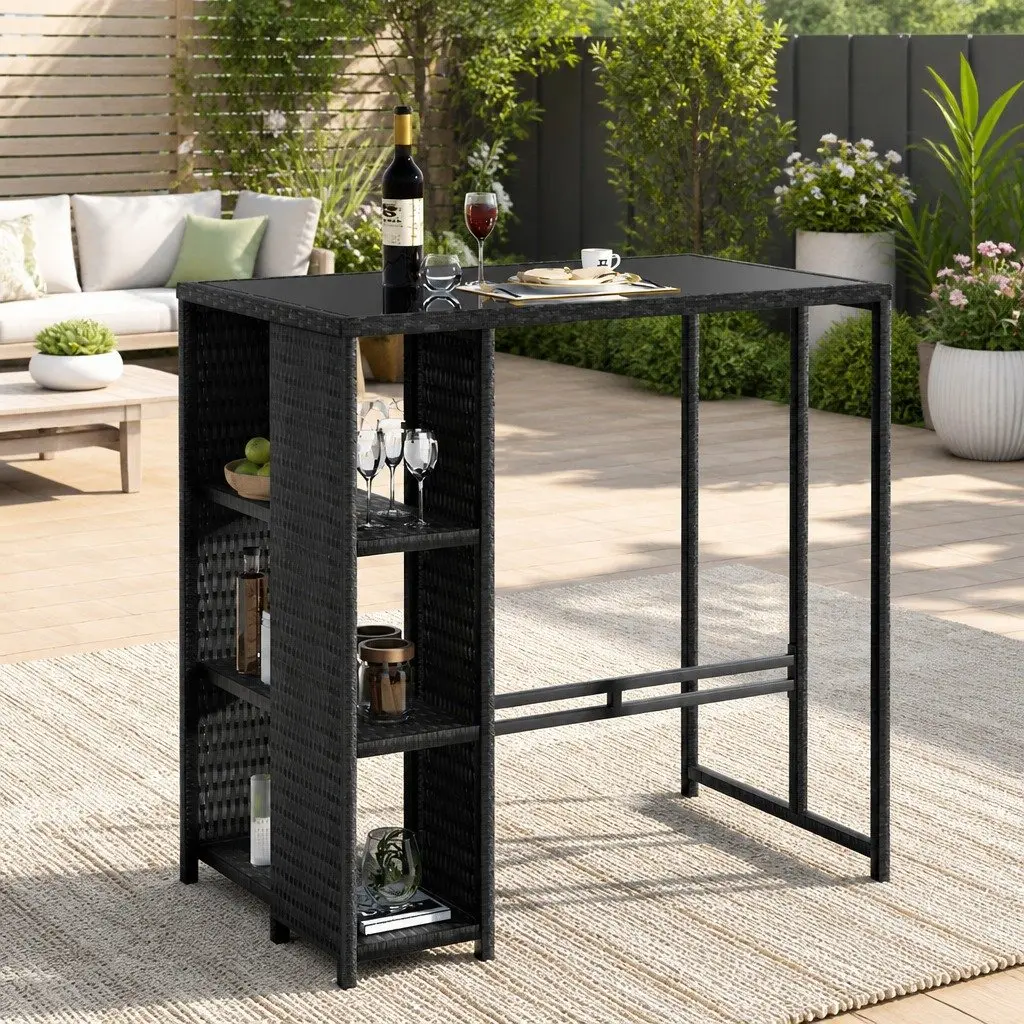 Outdoor Bar Table Wicker Dining Bistro Glass Desk Steel Patio Furniture Black