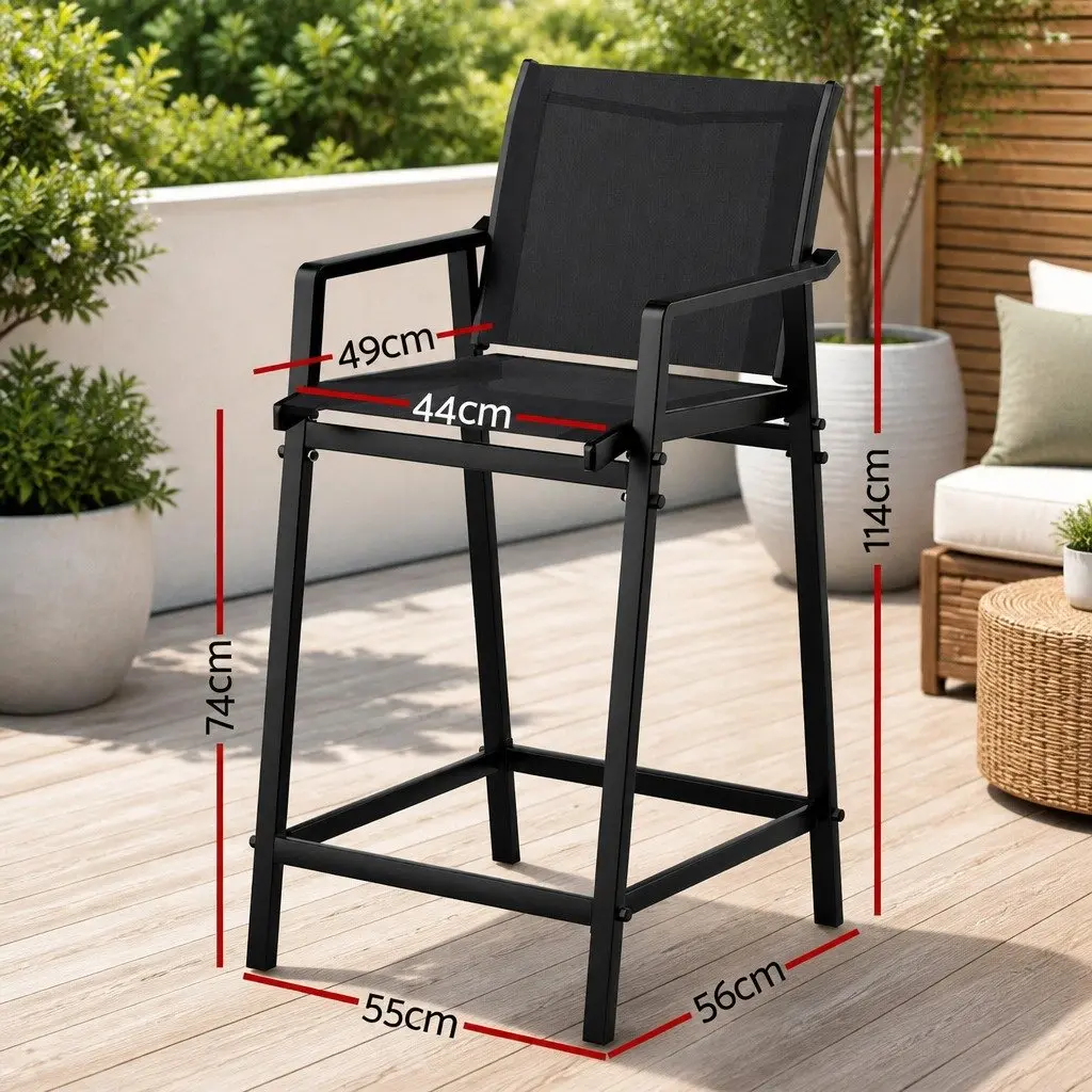Outdoor Bar Stools Black Steel Frame 2 Piece Breathable Fabric Seating