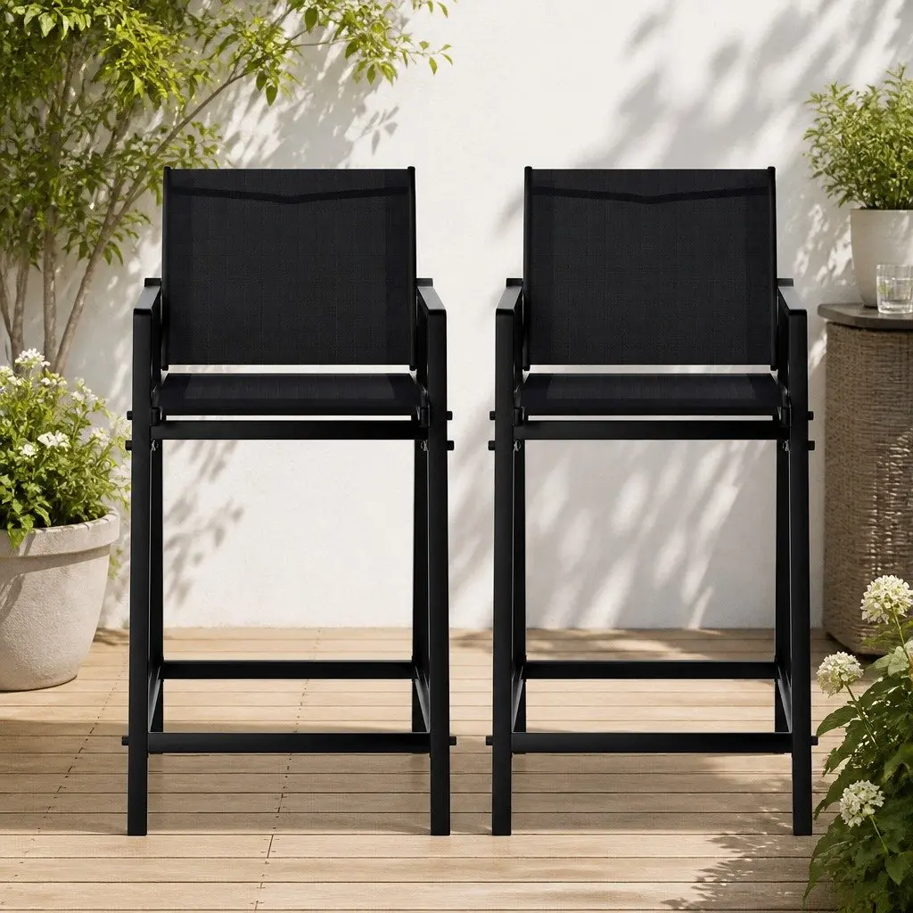 Outdoor Bar Stools Black Steel Frame 2 Piece Breathable Fabric Seating
