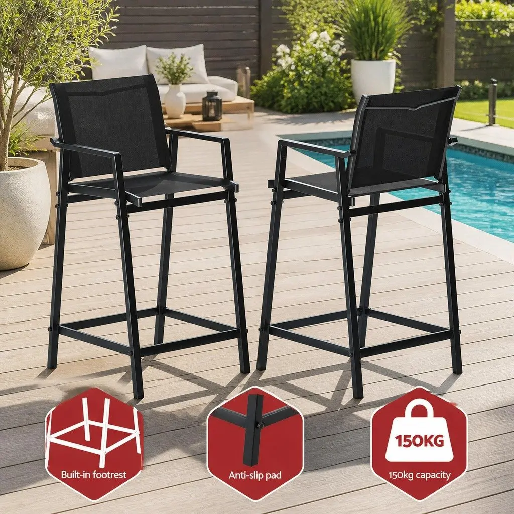 Outdoor Bar Stools Black Steel Frame 2 Piece Breathable Fabric Seating