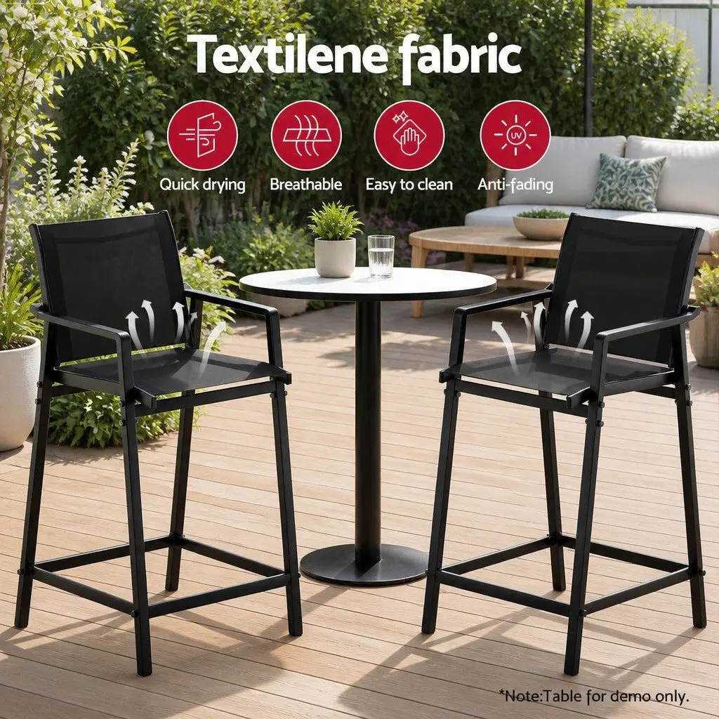 Outdoor Bar Stools Black Steel Frame 2 Piece Breathable Fabric Seating