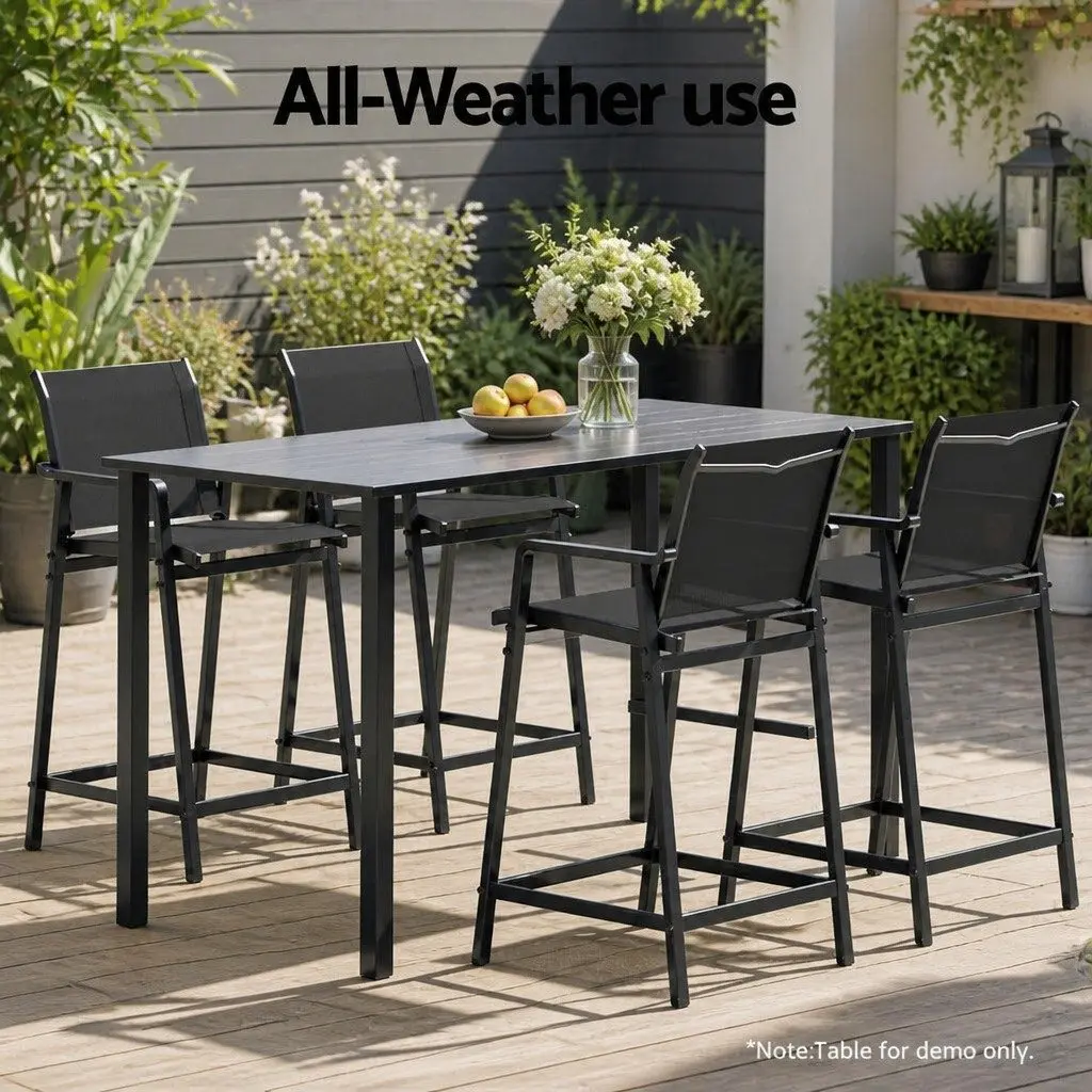 Outdoor Bar Stools Black Steel Frame 2 Piece Breathable Fabric Seating
