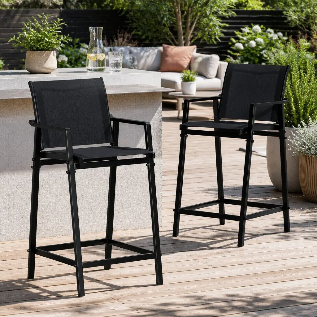 Outdoor Bar Stools Black Steel Frame 2 Piece Breathable Fabric Seating