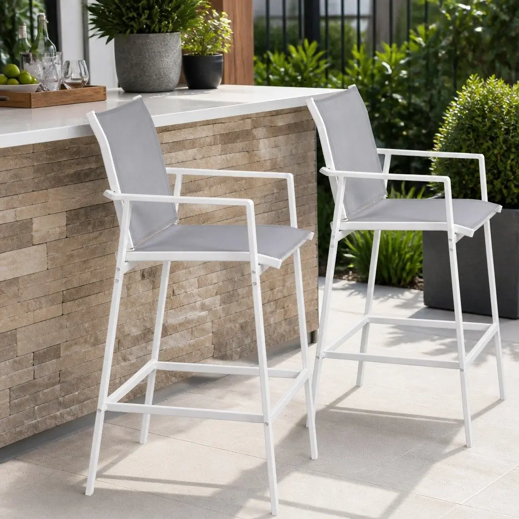 Outdoor Bar Stools Dining Chairs Patio Furniture Garden Steel Textilene White