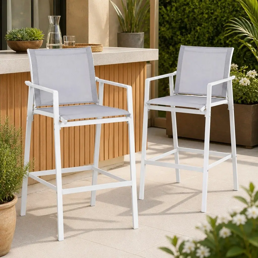 Outdoor Bar Stools Dining Chairs Patio Furniture Garden Steel Textilene White