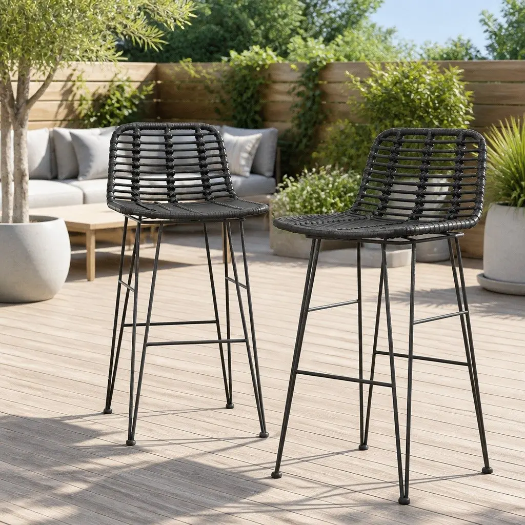 Bar Stools Black Hand-Woven Wicker Outdoor Set 2x Sturdy Steel Frame Weather-Resistant